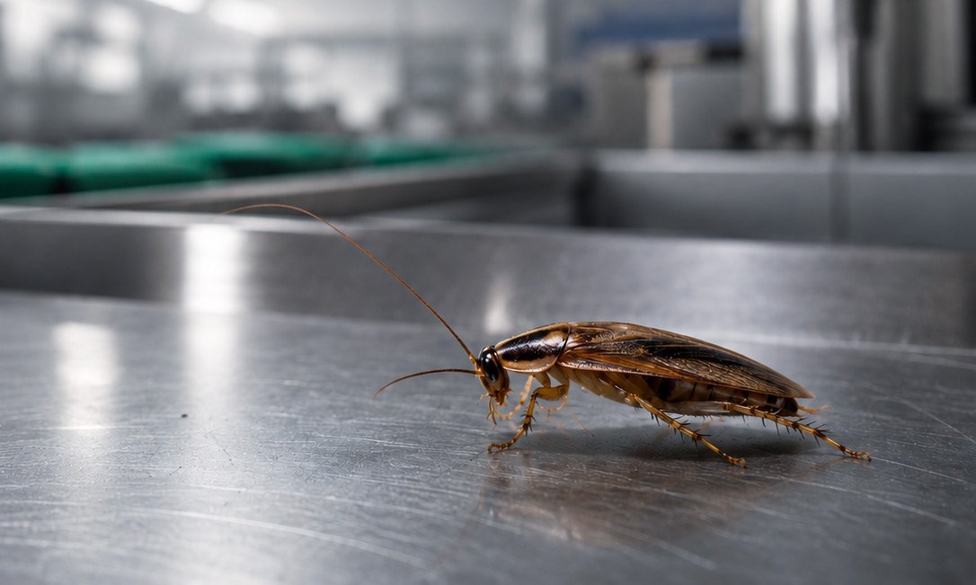 Ilustración de una cucaracha alemana en una superficie industrial